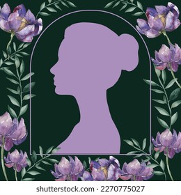 Vector illustration in vintage style silhouette of a young woman in a lilac frame on a floral pattern. Perfect for holiday cards, beauty, fashion and more
