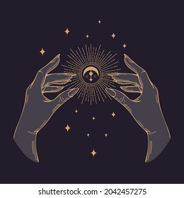 Vector illustration in vintage style. Womens golden hands hold the sun, the moon. Halloween, magic, witchcraft, astrology, mystic. For posters, postcards, banners, printing on fabric, tattoo design