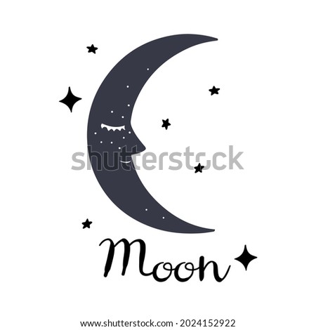 Vector illustration with vintage styled Moonand lettering, isolated on white background