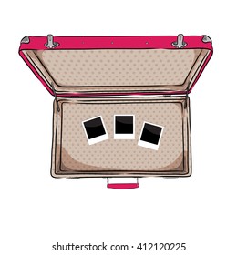 vector illustration of vintage suitcase with empty photos inside. EPS