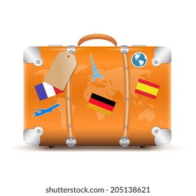 Vector illustration of vintage suitcase with funky stickers isolated on white background 
