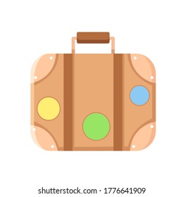 vector illustration of vintage summer suitcase with stickers.isolated on white background.cartoon,flat style.for design,graphics,web.leather brown retro travel bag.tourism elements.vacation objects.