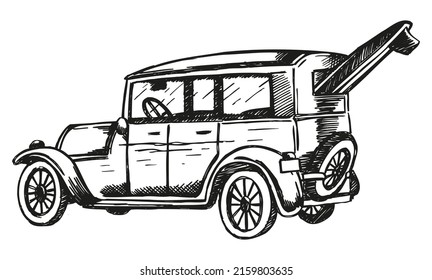 Vektorgrafik von Vintage Surfer Auto. Kunst in Strippten und kostenlosen Linien.