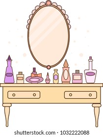 vector illustration of a vintage table with a mirror and a collection of perfume without a background