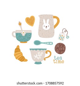 Vector illustration of vintage tableware. Cozy card with tea cups, mugs, milk jug, tea bag and cookies. Hand drawn food and drinks. Invitation template for tea party. Porcelain mugs and teapot.