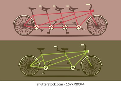 Vector illustration vintage tandem bicycle. Four seater and two seater tandem bike in red and green. Side view of a tandem bicycle in a retro style.