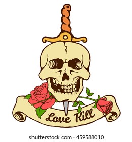 vector illustration vintage tattoo of skull with dagger rose and banner