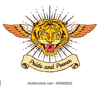 vector illustration vintage tattoo style of tiger head with banner and wings