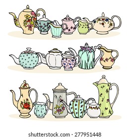 Vector illustration of vintage tea things. Hand drawn porcelain tea pots, sugar bowls and milk jugs. 