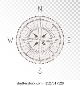 Vector illustration with a vintage textured compass or wind rose and grunge texture elements on transparent background. With basic directions North, East, South and West.