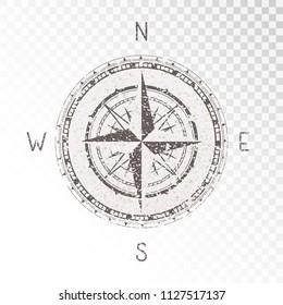 Vector illustration with a vintage textured compass or wind rose and grunge texture elements on transparent background. With basic directions North, East, South and West.