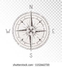 Vector Illustration With A Vintage Textured Compass Or Wind Rose And Grunge Texture Elements On Transparent Background. With Basic Directions North, East, South And West.