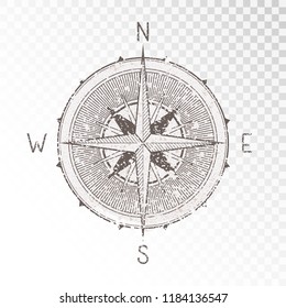 Vector illustration with a vintage textured compass or wind rose and grunge texture elements on transparent background. With basic directions North, East, South and West.