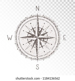Vector Illustration With A Vintage Textured Compass Or Wind Rose And Grunge Texture Elements On Transparent Background. With Basic Directions North, East, South And West.