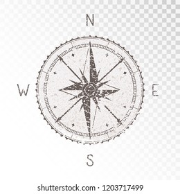 Vector illustration with a vintage textured compass or wind rose and grunge texture elements on transparent background. With basic directions North, East, South and West.