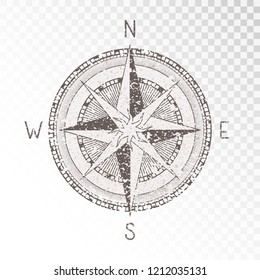 Vector illustration with a vintage textured compass or wind rose and grunge texture elements on transparent background. With basic directions North, East, South and West.