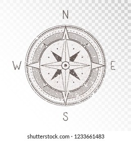 Vector Illustration With A Vintage Textured Compass Or Wind Rose And Grunge Texture Elements On Transparent Background. With Basic Directions North, East, South And West.