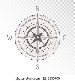 Vector illustration with a vintage textured compass or wind rose and grunge texture elements on transparent background. With basic directions North, East, South and West.