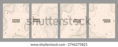 Vector illustration. Vintage topographic map backgrounds. Retro style contour line patterns and dashed trail routes on a textured beige paper. Typography design for book or magazine cover, poster
