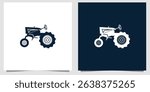 Vector illustration of a vintage tractor icon in two contrasting color schemes—dark on white and white on dark. The minimalist silhouette design features classic tractor details like large rear wheels