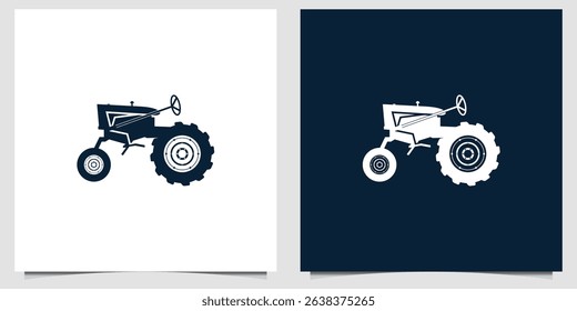 Vector illustration of a vintage tractor icon in two contrasting color schemes—dark on white and white on dark. The minimalist silhouette design features classic tractor details like large rear wheels