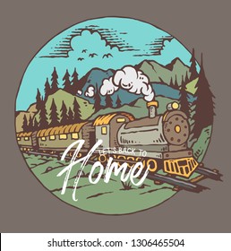 Vector illustration of a vintage train with mountain and nature scenery