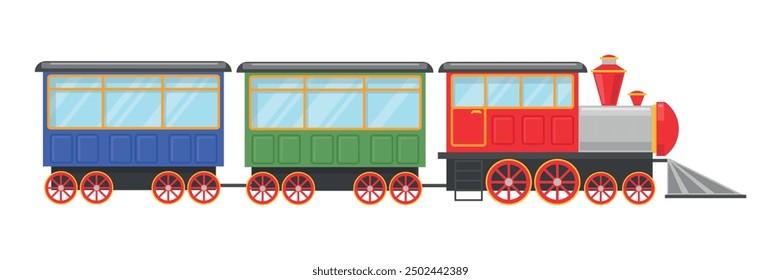 Ilustración vectorial de un tren vintage con vagones. Escena de dibujos animados de hermosos coches de remolque azules, verdes y rojos con ventanas, ruedas, puertas aisladas sobre fondo blanco. Tren de pasajeros o de mercancías.