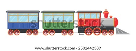 Vector illustration of a vintage train with wagons. Cartoon scene of beautiful blue, green, red trailer cars with windows, wheels, doors isolated on white background. Passenger or freight train.