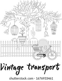 Vector illustration, vintage transport, bicycle near fence, tree, cages, birds, flowers