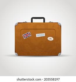 Vector illustration of vintage travel suitcase with stickers, isolated on the white.