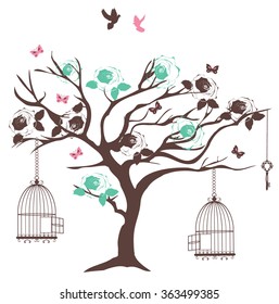 vector illustration of a vintage tree with bird cages and flowers
