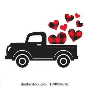 Vector illustration of a vintage truck carrying valentine heart. Plaid buffalo pattern hearts.