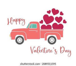 Vector illustration of a vintage truck carrying valentine heart. Happy Valentine's Day greeting card template