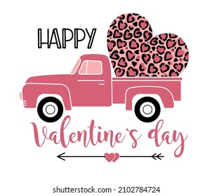 Vector illustration of a vintage truck carrying valentine heart. Happy Valentines Day greeting card template