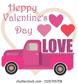 Vector Illustration Of A Vintage Truck Carrying Valentine Heart.