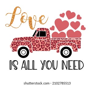Vector illustration of a vintage truck with Plaid buffalo pattern carrying valentine hearts. Greeting Card Template with the inscription LOVE IS ALL YOU NEED