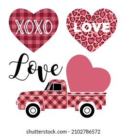Vector illustration of a vintage truck with Plaid buffalo pattern carrying valentine heart. Leopard heart. Buffalo plaid heart. Greeting Card Template with the inscription LOVE