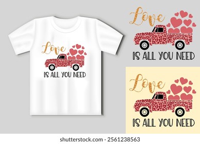 Vector illustration of a vintage truck with Plaid buffalo pattern carrying valentine hearts. Valentines day concept with t-shirt mockup and inscription LOVE IS ALL YOU NEED