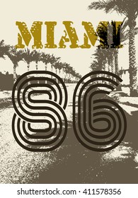 Vector Illustration of Vintage T-shirt Print. Summer on beach. Palm road. USA Travel Miami city