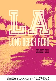 Vector Illustration of Vintage T-shirt Print. Summer on beach. Palm road. USA Travel Los Angeles city