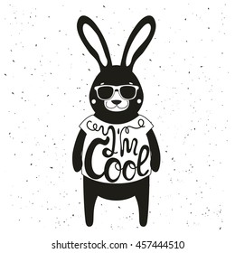 Vector illustration. Vintage typography poster with stylish rabbit in sunglasses. I'm cool lettering quote. Trendy hipster style greeting card design, t-shirt print, inspiration art