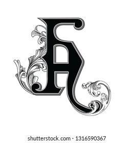 Vector illustration of vintage uppercase ancient letter H with decorations isolated on white background. Antique Letter with baroque ornamentation. Elegant black capital symbol to use monograms, logos