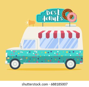 Vector illustration of vintage van selling donuts with signboard with 2 glazed donuts. Car side view, isolated. Street food concept