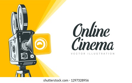 Vector illustration with a vintage video camera. Illustration of a video camera in yellow tones. Retro sticker on the theme of cinema. Flyer for film festival.