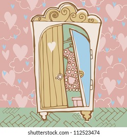 Vector illustration with vintage wardrobe in the room