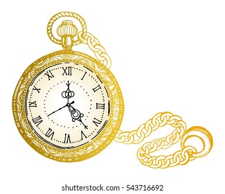 Vector illustration of vintage watches on a chain. Sketch,  decoration, key chain, accessory to the chain, printing on T-shirts and souvenirs. Fashion, beautiful antiques, isolated. Handmade.