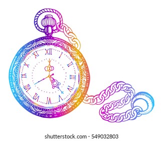 Vector illustration of vintage watches on a chain. Sketch,  decoration, key chain, accessory to the chain, printing on T-shirts and souvenirs. Fashion, beautiful antiques, isolated. Handmade, rainbow.