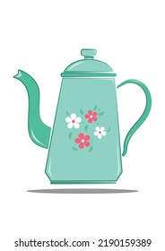 Vector illustration of vintage water kettle with floral design in flat style isolated on white background