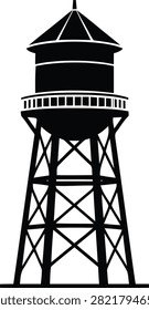 A vector illustration of a vintage water tower, featuring a cylindrical wooden tank on a tall, braced metal support structure, isolated on white background.