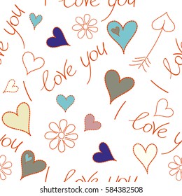 Vector illustration. Vector vintage watercolor love hearts seamless background in blue and orange colors. Hand painted elements of I love you text, hearts and flower on white backdrop.